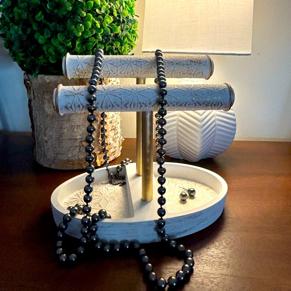 White House Black Market 55” dark faux pearl necklace & earrings set